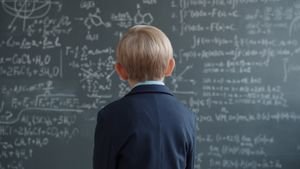 Child in school uniform studying complex math on chalkboard.